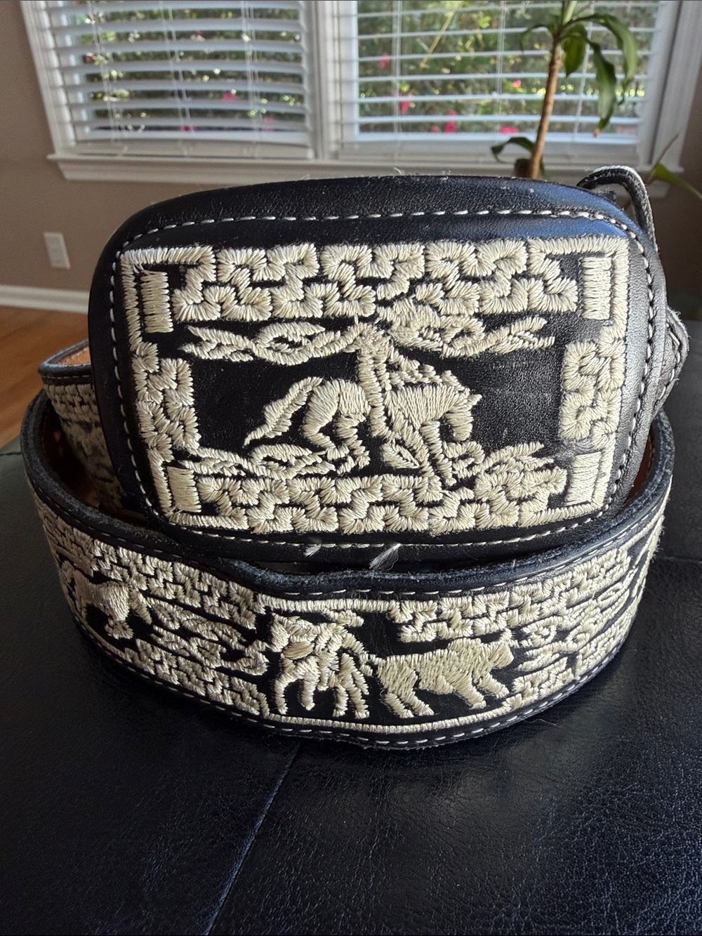 Black Embroidered Leather Men's Belt with Cream Stitching.34
